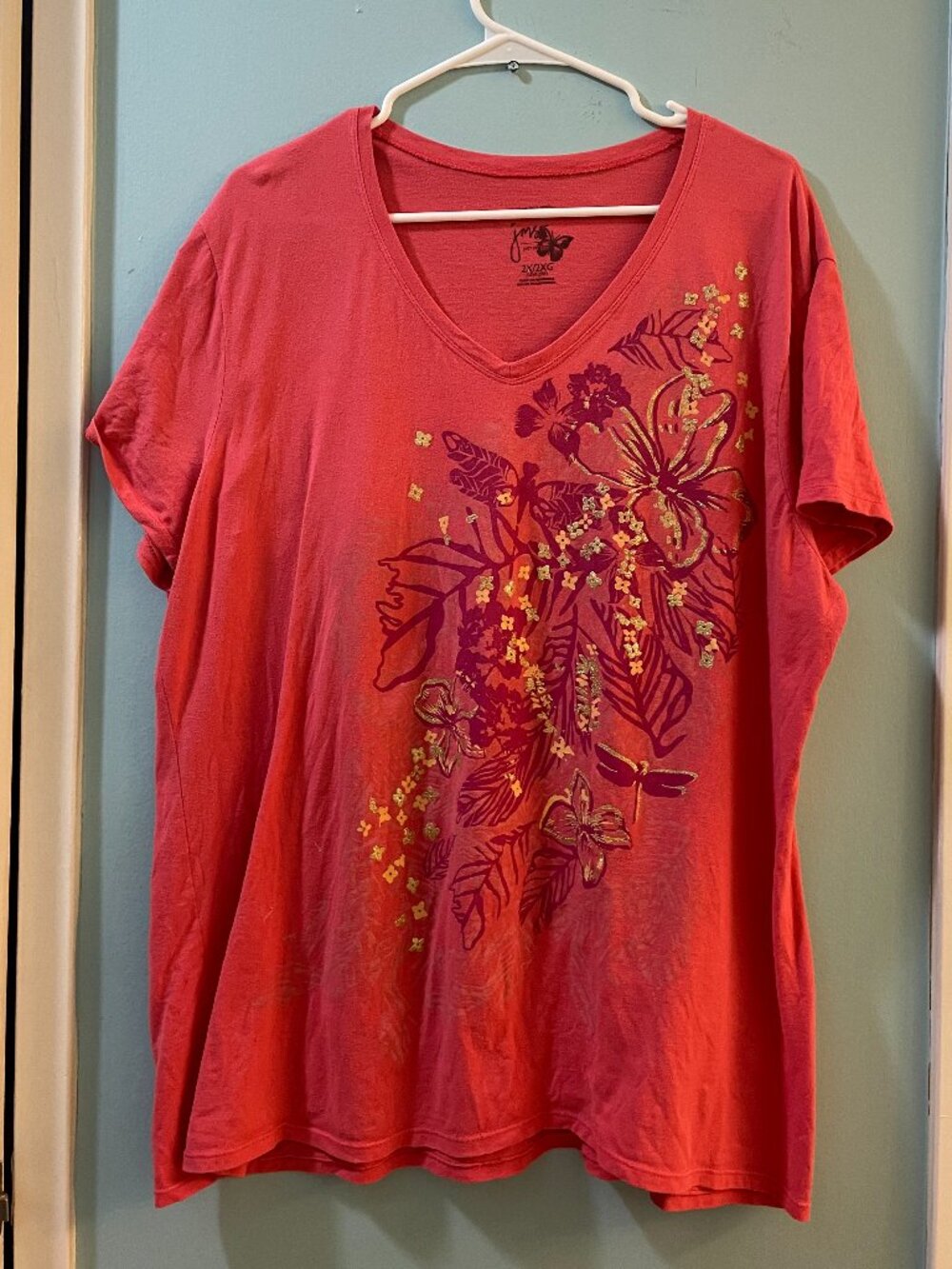 JMS Coral, Pink And Sparkly Gold Top, Size 2x